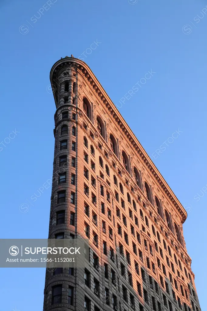 A closed up view of Flatiron Building before sunset  New York City  New York  USA.