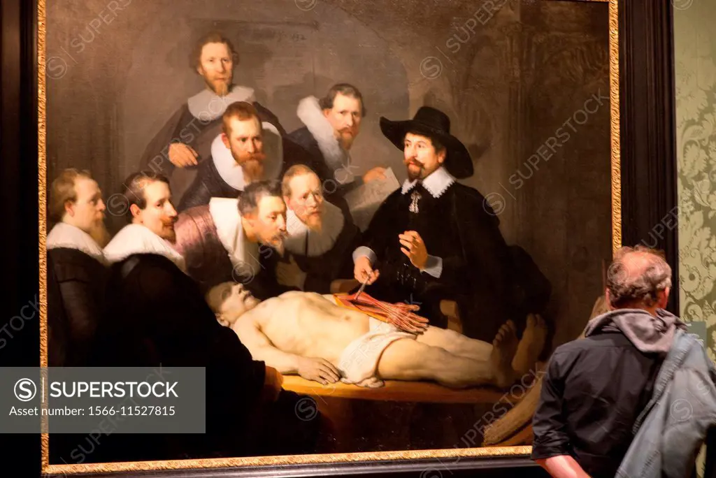 visitors at the famous painting of Rembrandt, ´Anatomy lesson of dr nicolaes tulp´ from 1632