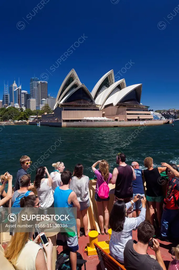 Australia, New South Wales, NSW, Sydney, CBD, Circular Quay and Sydney Opera House, view from Sydney Harbour Ferry.