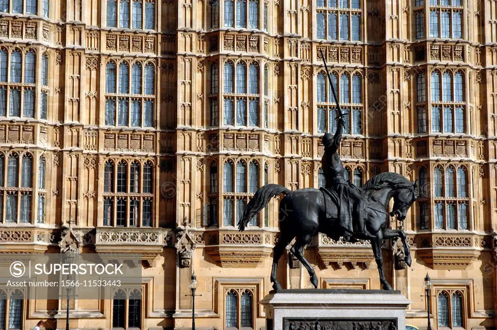 King Richard I Lionheart statue by Carlo Marochetti in front of the Palace of Westminster in London, UK.