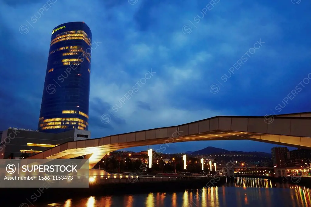 Panoramic night view of Iberdrola tower and Pedro Arrupe bridge  Bilbao, Biscay, Basque Country, Spain