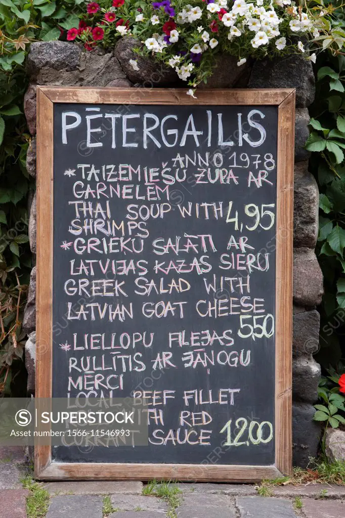 Petergailis Restaurant Menu Sign, Riga, Latvia.