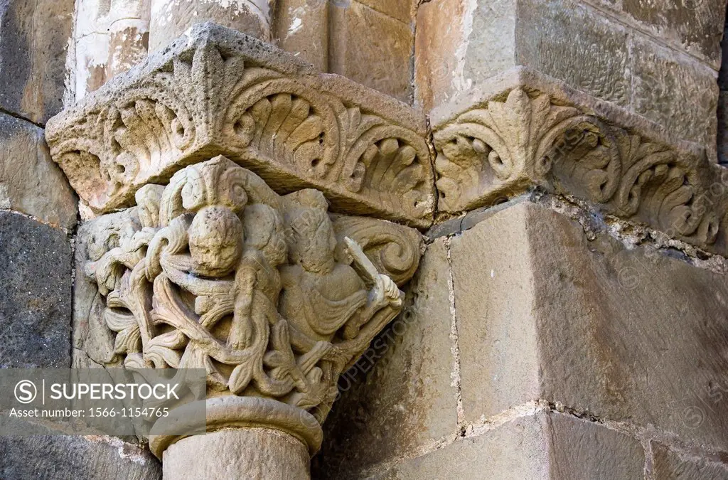 Capital in the Monastery Castle Loarre - Romanesque Style - Huesca province - Hoya de Huesca - Aragon - Spain - Europe
