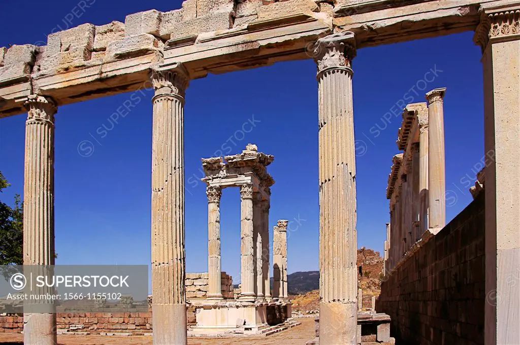 Temple of Trajan at Pergamon. Pergamon or Pergamum, was an ancient Greek city in modern-day Turkey, in Aeolis, today located 16 miles 26 km from the A...
