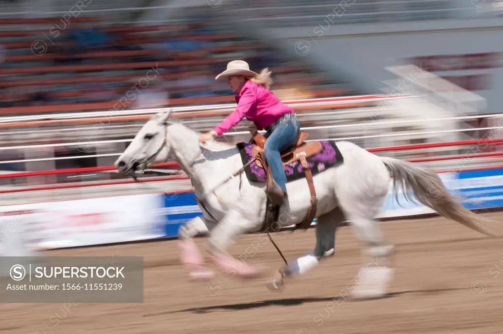 Motion blur of a cowgirl riding fast during barrel racing, Ponoka Stampede, Ponoka, Alberta, Canada.