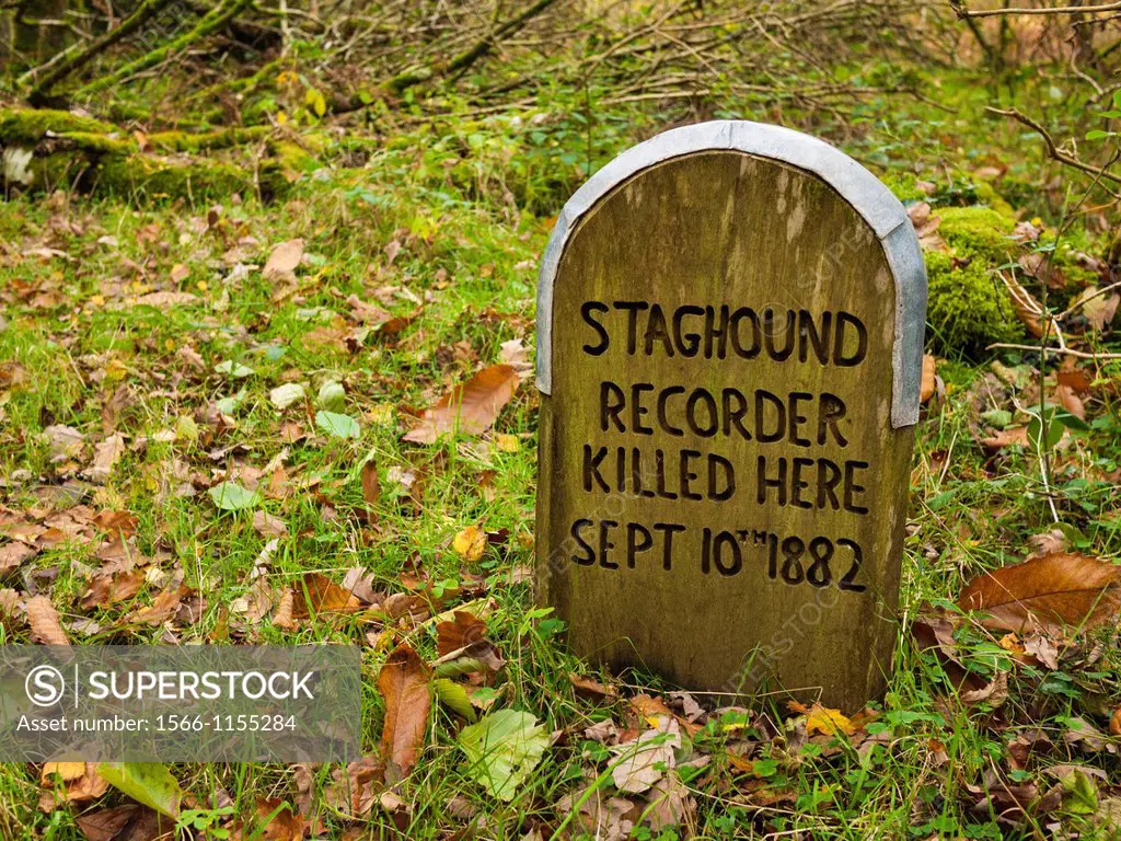 Staghound Recorder Killed Here sign at Horner Wood in Exmoor National Park, Somerset, England