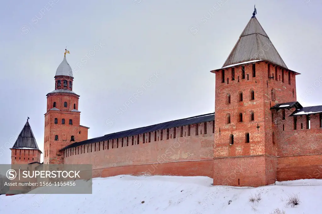 Walls and towers of Novgorod Kremlin, Veliky Novgorod, Novgorod region, Russia