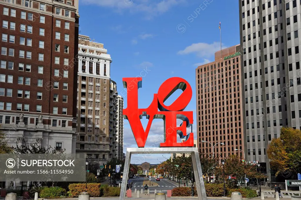 Love sculpture by American Pop Art artist Robert Indiana in JFK Plaza, Philadelphia, Commonwealth of Pennsylvania, Northeastern United States, .