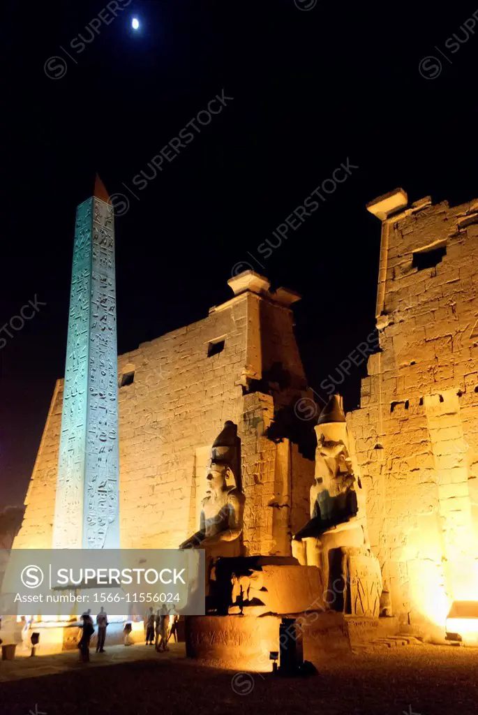 The red granite obelisk at night in the Luxor Temple - Upper Egypt.