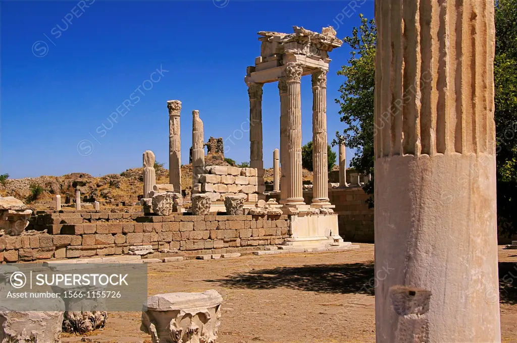 Temple of Trajan at Pergamon. Pergamon or Pergamum, was an ancient Greek city in modern-day Turkey, in Aeolis, today located 16 miles 26 km from the A...