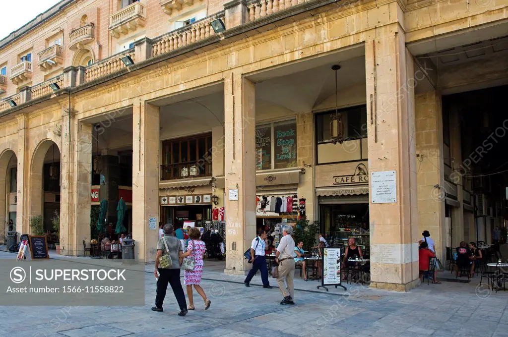 Arcades with shops in the pedestrian area of the Republic Street, Valletta, European Capital of Culture 2018, Malta.
