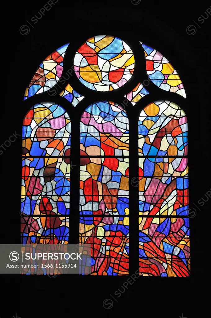stained-glass window in St-Benigne Church of Pontarlier designed by the French painter Alfred Manessier 1911-1993, Doubs departement, Franche-Comte re...