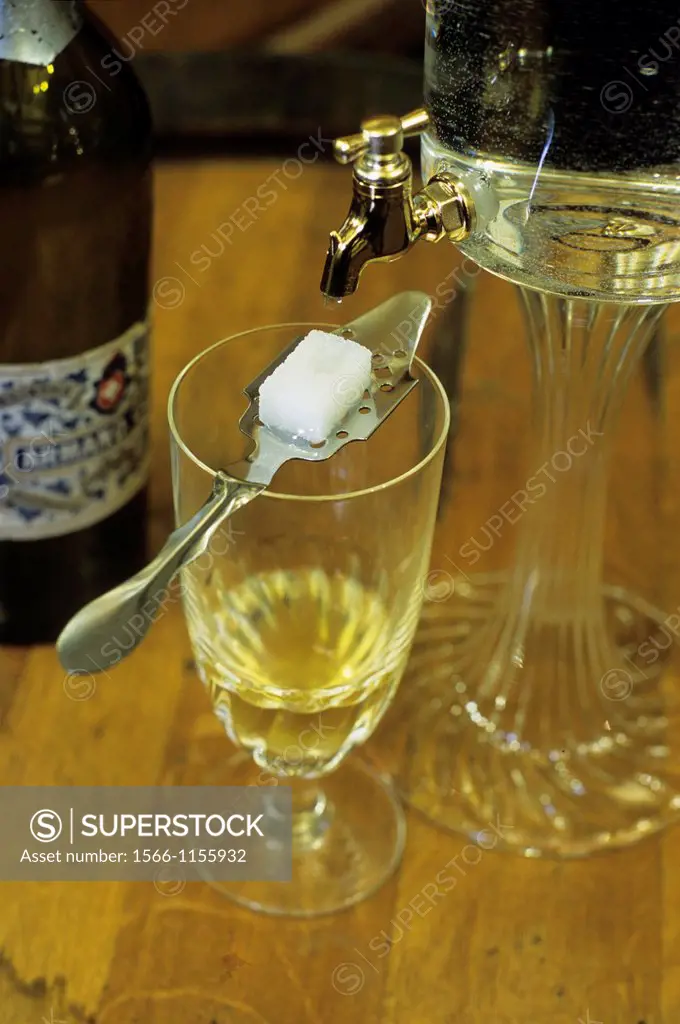 spoon, sugar and glass of absinthe, Doubs departement, Franche-Comte region, France Europe