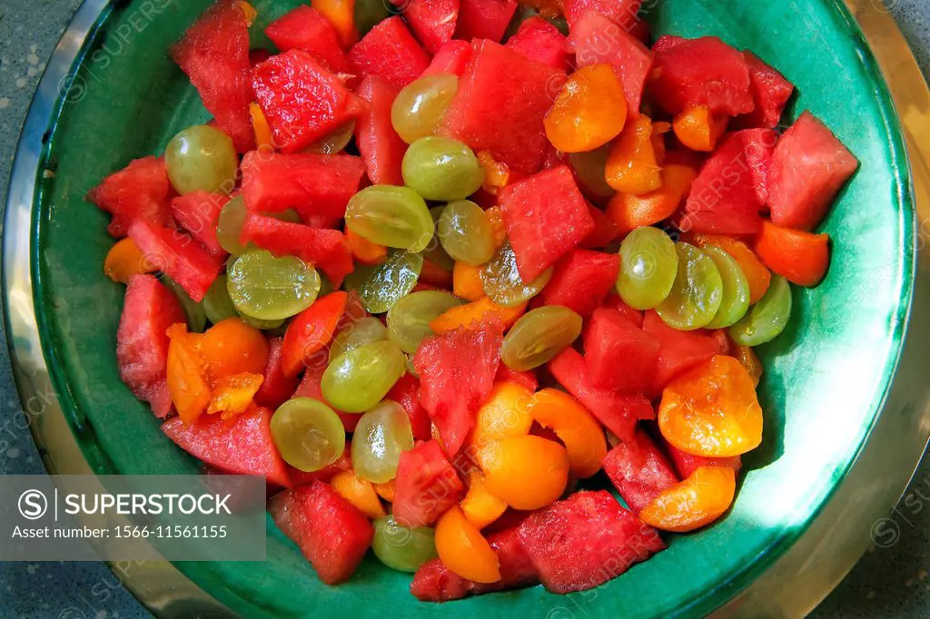 Fruits salad (water melon, grapes and apricots), Gironde, Aquitaine, France