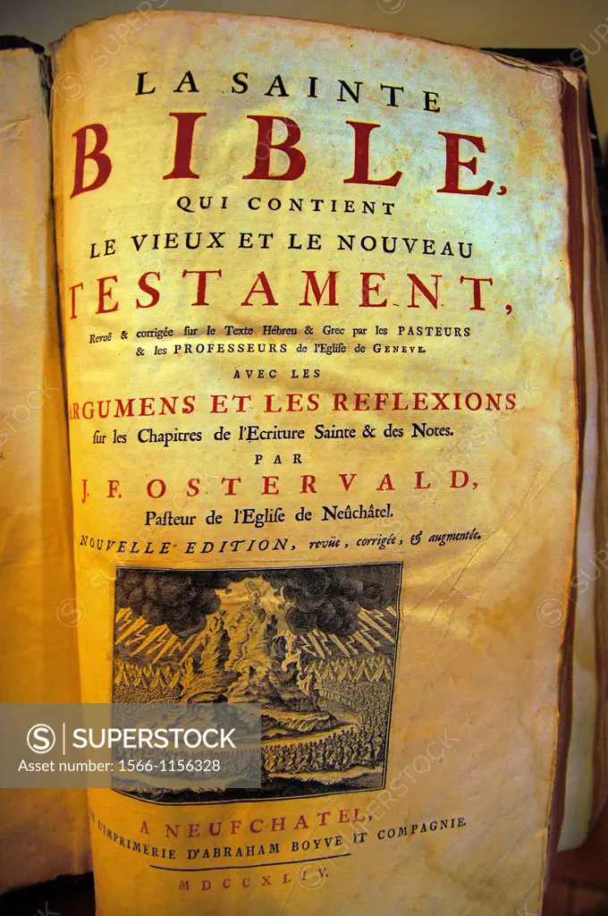 Holy Bible (1744) by J F Ostervald -pastor of the Church of Neuchatel-, preserved in the protestant temple of Sainte-Foy-la-Grande, Gironde, Aquitaine...