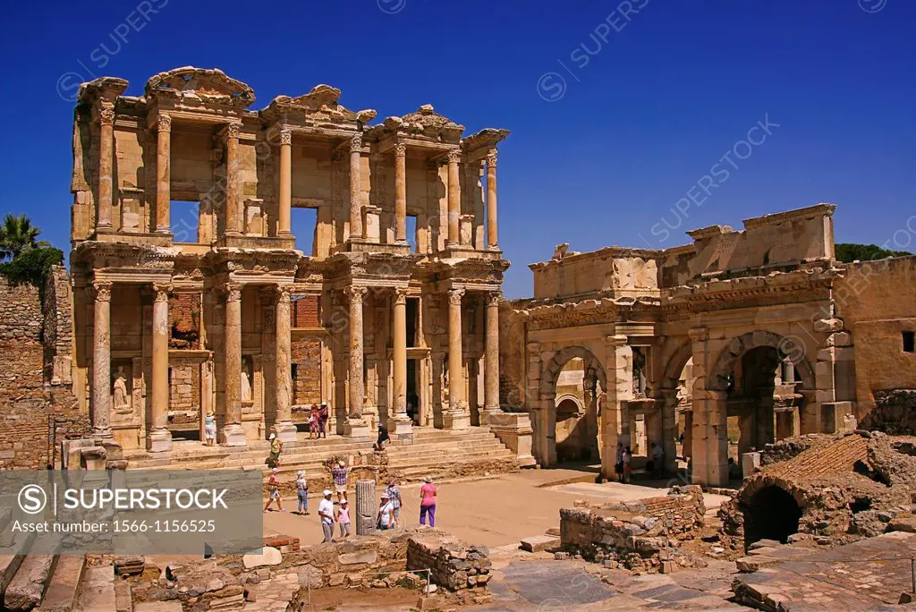 Turkey- roman Library of Celsius and entrance to the Agora, at Ephesus, Ancient Greek fes, Ephesos, Turkish Efes, was an ancient Greek city, and later...