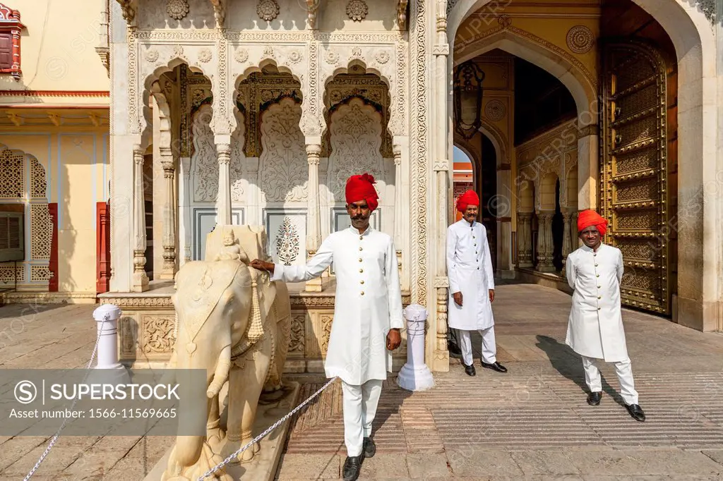 Palace Guards At The Entrance To The City Palace, Jaipur, Rajasthan, India.