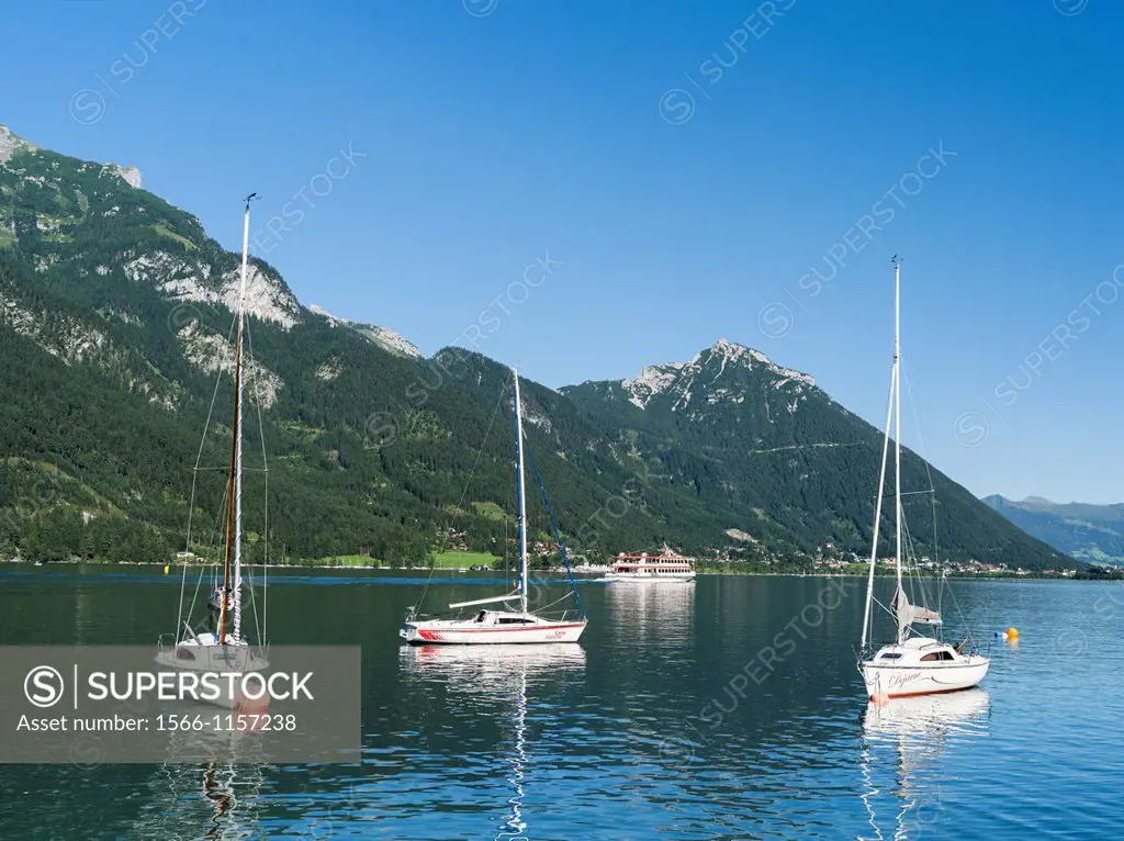 Lake Achensee in Tyrol, Austria  Sailing boats in the harbour of Pertisau  This mountain lake seperates the Karwendel mountain ranges from the Branden...