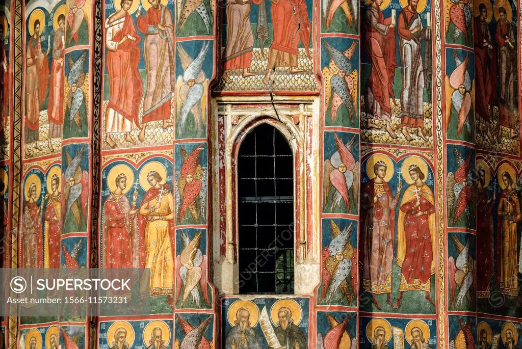 Frescoes of the painted monasteries of Moldovita, Bucovina, Romania, Europe.
