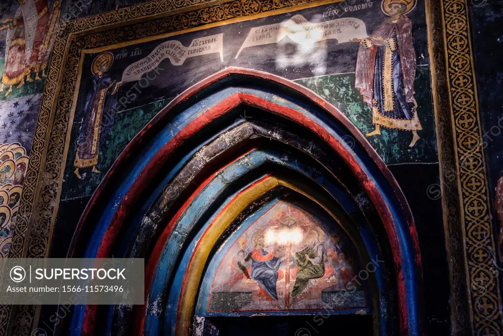 Frescoes of the painted monasteries of Sucevita, Bucovina, Romania, Europe.