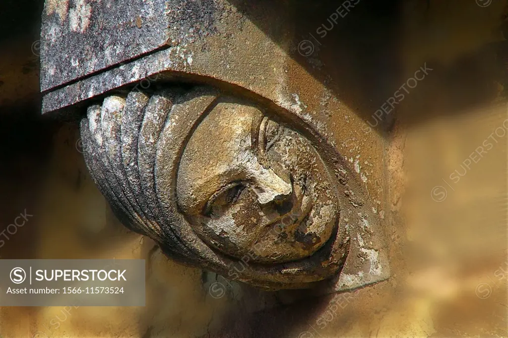 France, Anjou, Figure on the romanesque kitchens of the Royal Abbey at Fontevraud.