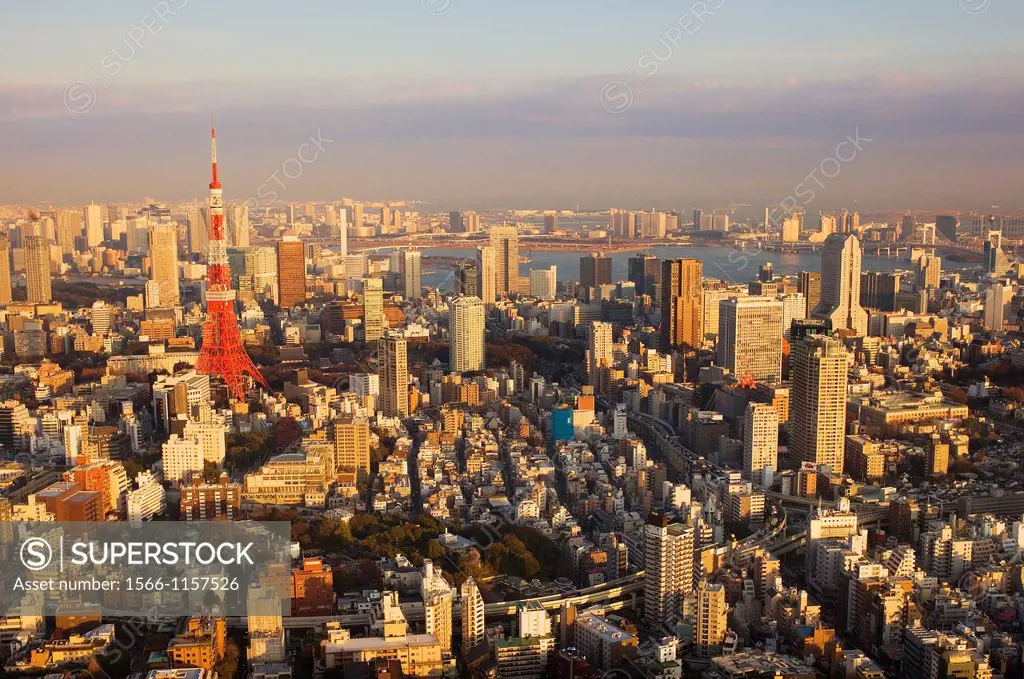 skyline of Tokyo  At left tokyo tower In background Tokyo Bay,Tokyo, Japan, Asia