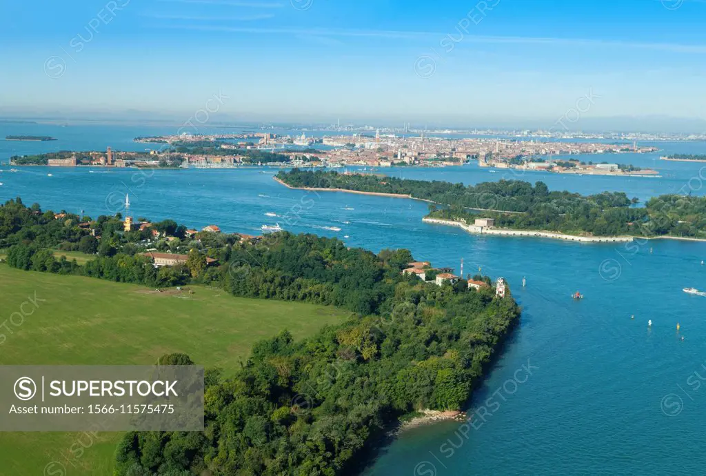 Aerial view of Venice lagoon viewed from San Nicolo, Lido island, Italy, Europe.