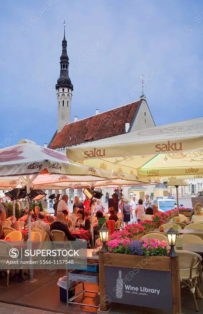 Medieval town hall and Wine Library restaurant in Town Hall Square,Tallinn,Estonia