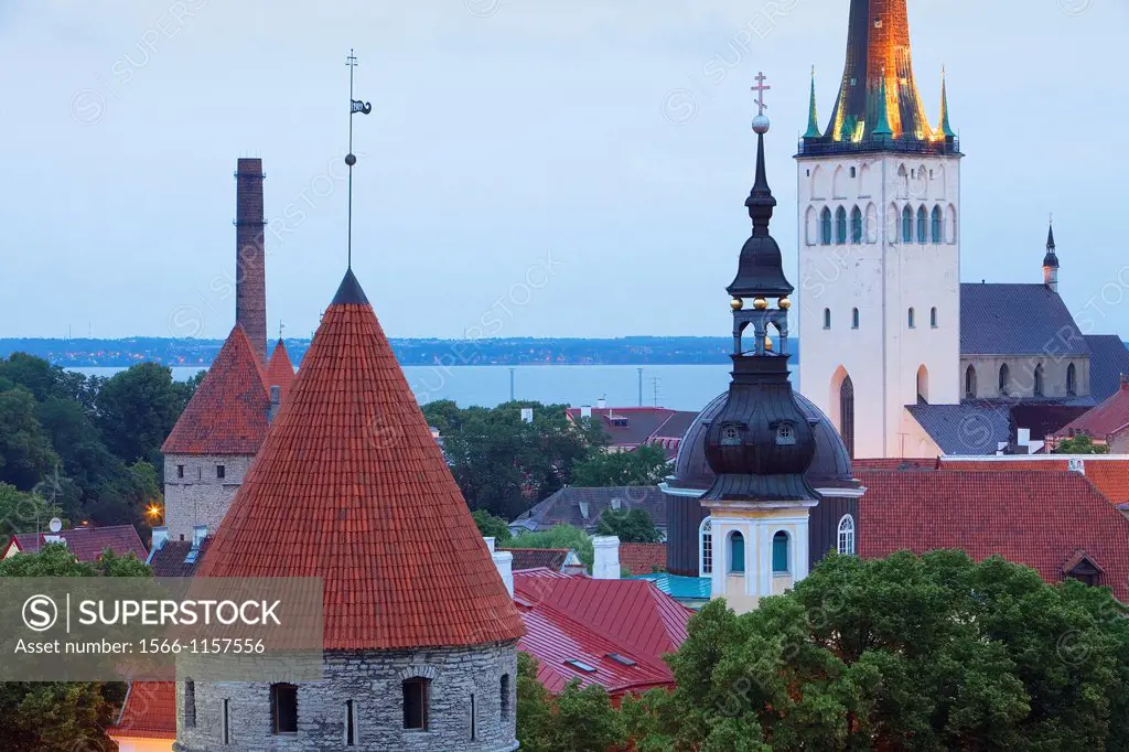 Detail of skyline,at right belltower of St Olav, s Church,Tallinn, Estonia