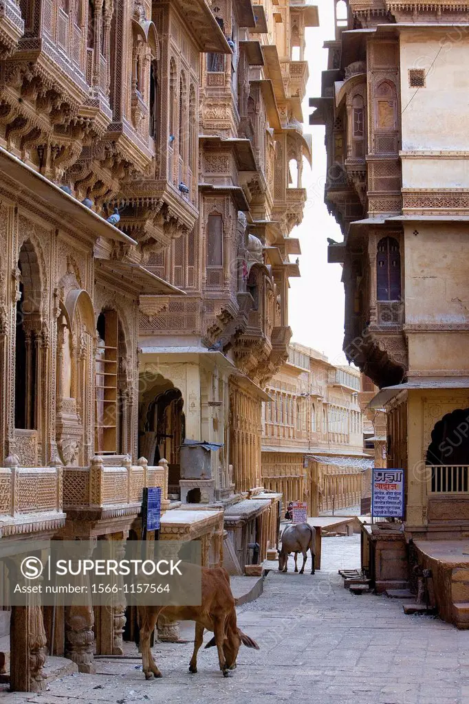 Havelis, at left patwa ki haveli,Jaisalmer, Rajasthan, India