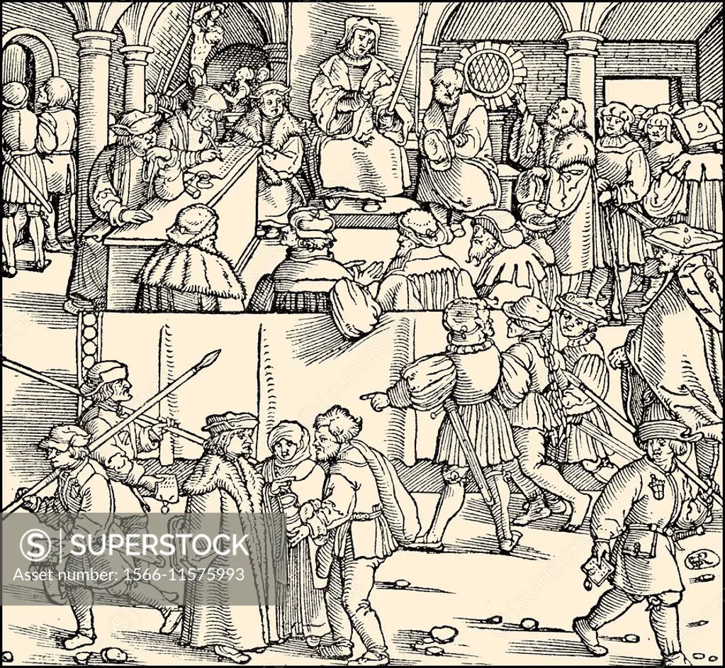 Public court hearing and torture, 15th century,.
