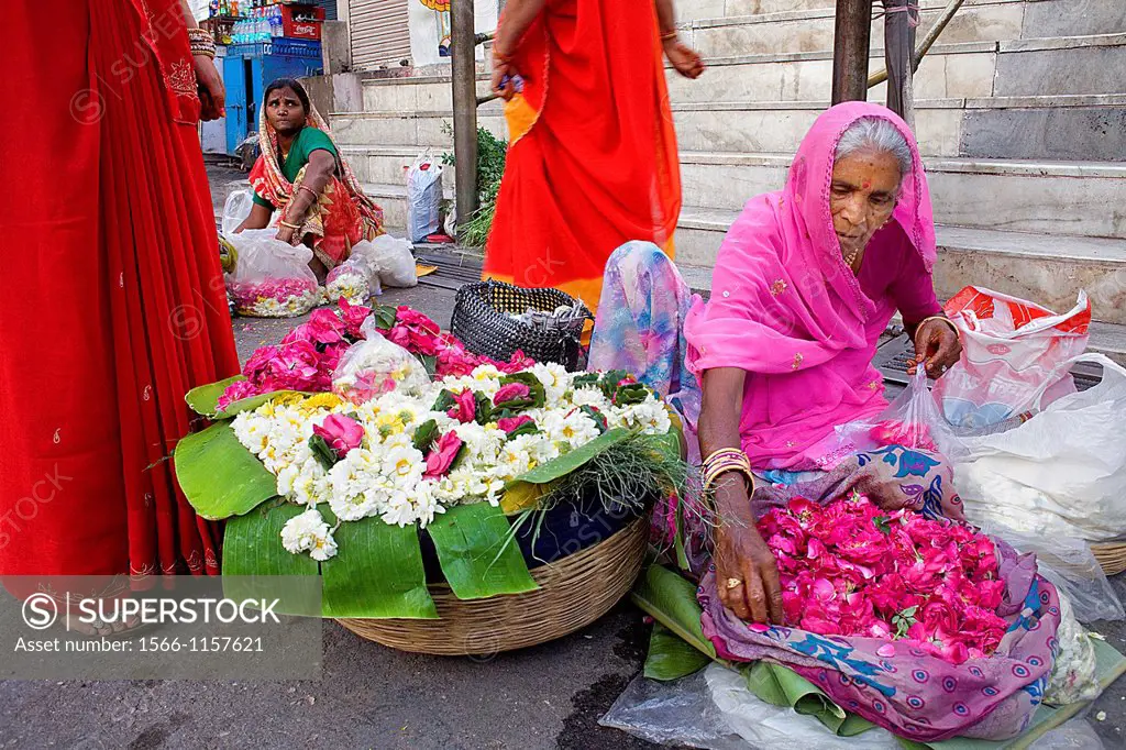Flower sellers at the door of Jagdish Temple,Udaipur, Rajasthan, india