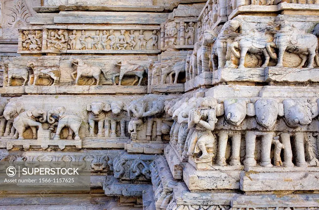 Detail,relief on the exterior wall of the Jagdish Temple,Udaipur, Rajasthan, india