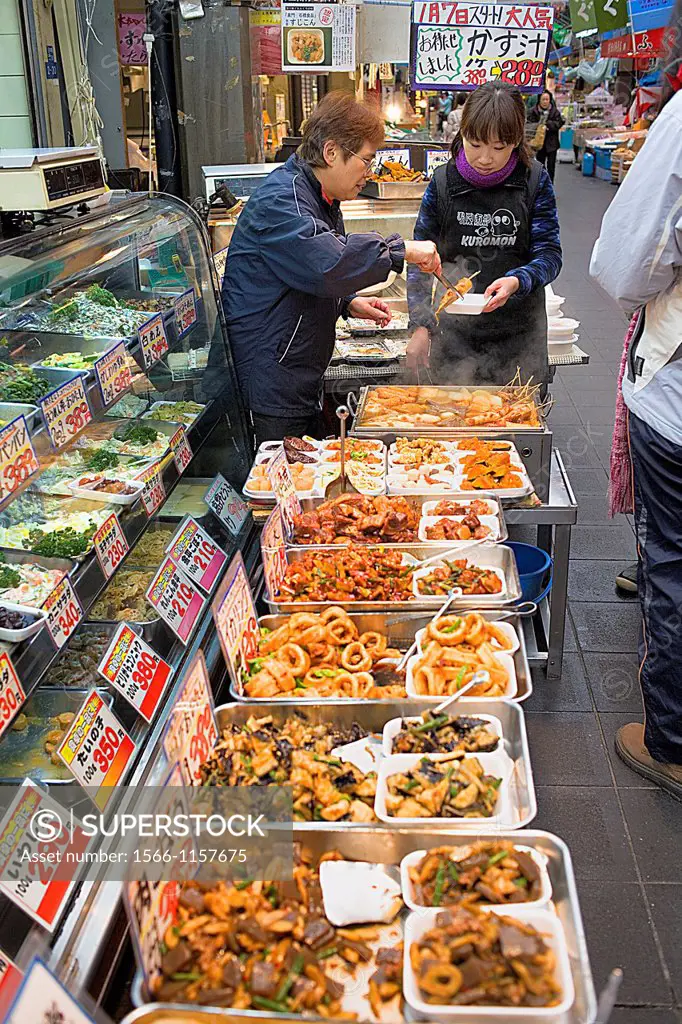 stall of food, ready to eat, in Kuromon Ichiba Market,Osaka, Japan,Asia