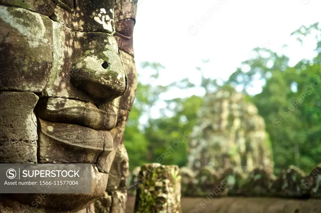 Ancient ruins of Bayon Temple, Angkor, Cambodia.
