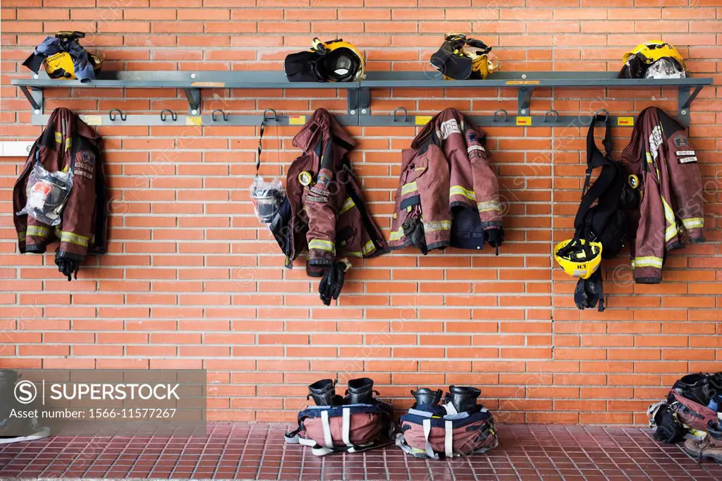fire brigade equipment hanging from a wall.