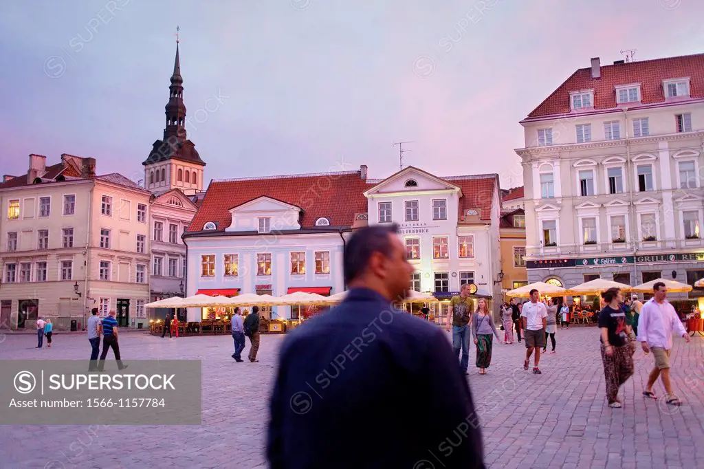 Town Hall Square,at left belltower of St Nicholas church,Tallinn,Estonia
