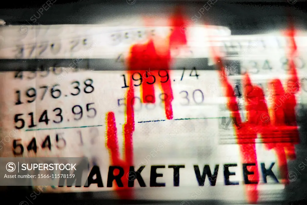 Digital composition of Market Week stock exchange numbers with a red graph