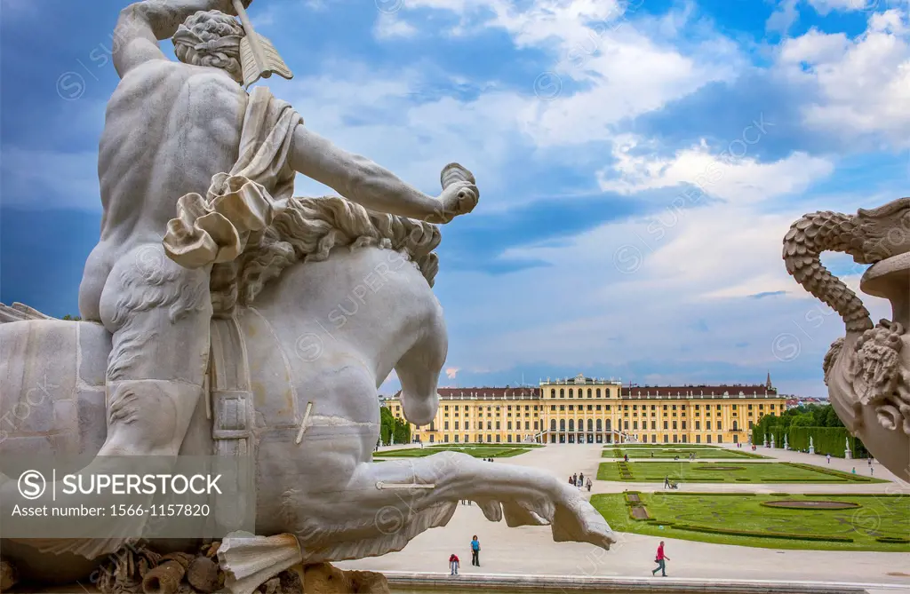 Schönbrunn Palace and gardens from Neptune fountain, Vienna, Austria, Europe