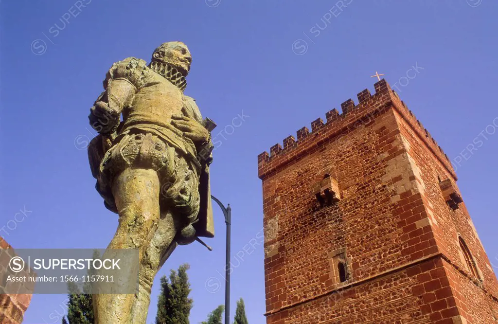 Miguel de Cervantes Saavedra Monument and Don Juan de Austria fortified tower or `Torreón del Prior´,Alcázar de San Juan, Ciudad Real province, Castil...