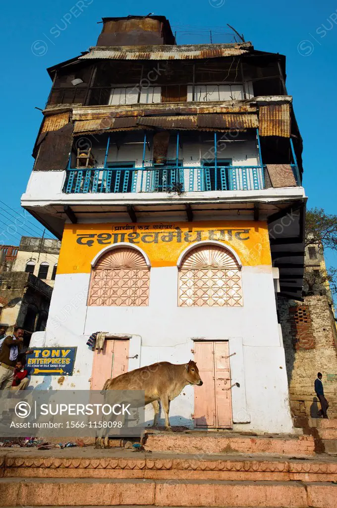 Buildings in front of the ghats on the Ganges river, Varanasi  Uttar Pradesh, India.