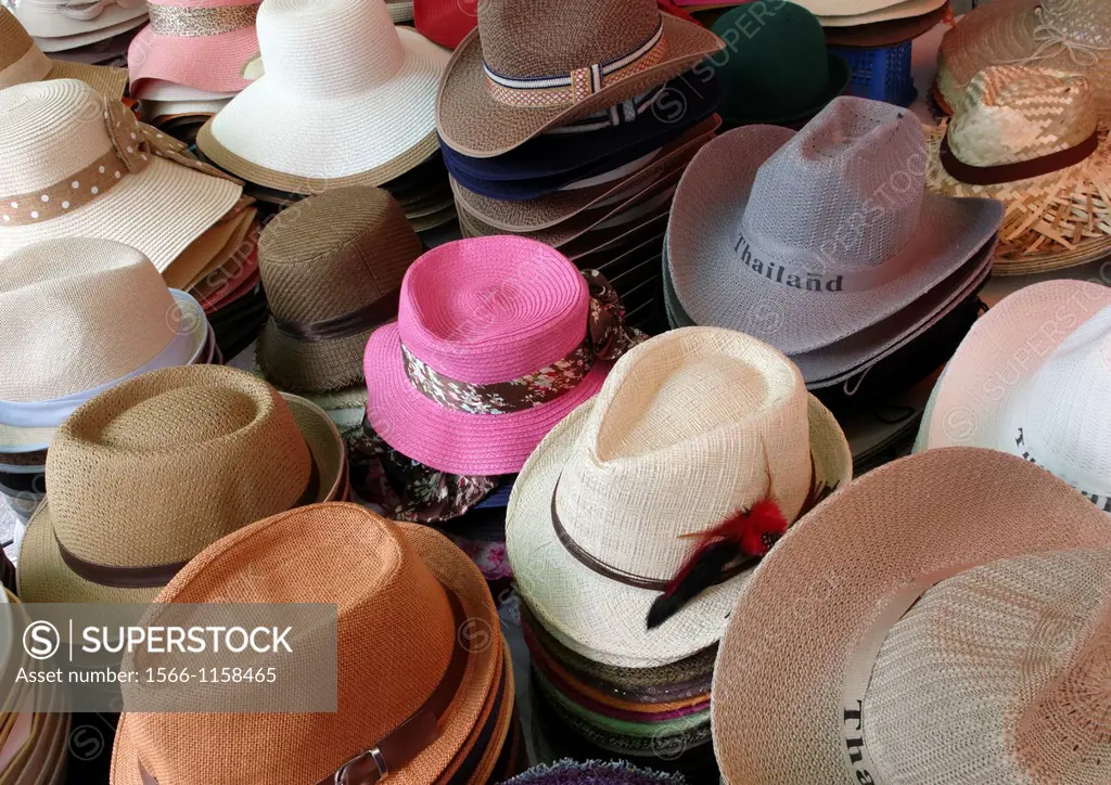 Hats merchant Na Phra Lan road Market Bangkok Thailand.