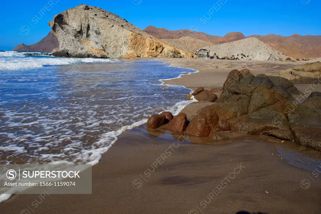 Cabo de Gata, Monsul Beach  Biosphere Reserve, Cabo de Gata-Nijar Natural Park, Almeria, Andalusia, Spain.