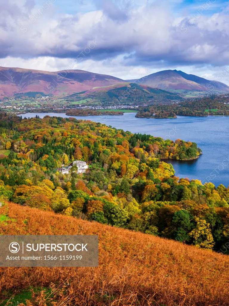 View from Catbells over Derwent Water towards Lonscale Fell, Blencathra and Keswick in the Lake District Cumbria, England, United Kingdom