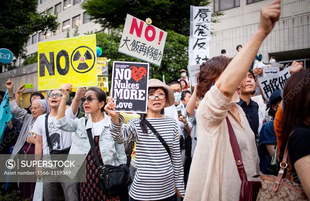 Anti-nuclear demonstration in front of the headquarters of Japan´s Government Kokkai or Diet Tokyo Japan