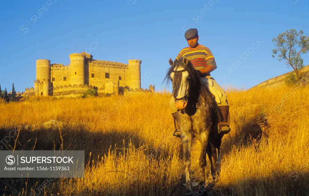 Horseman and Belmonte castle 15th century,Belmonte,Cuenca province,Castilla La Mancha,the route of Don Quixote, Spain