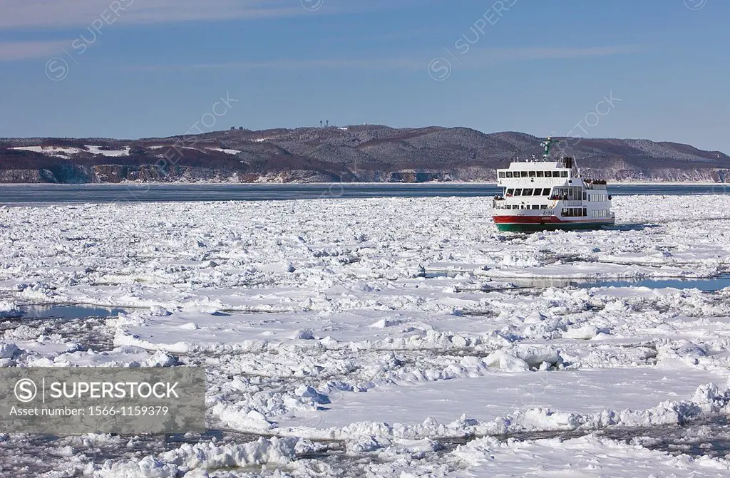 Frozen sea and sightseeing icebreaker, Aurora ship 2,Abashiri, Hokkaido,Japan