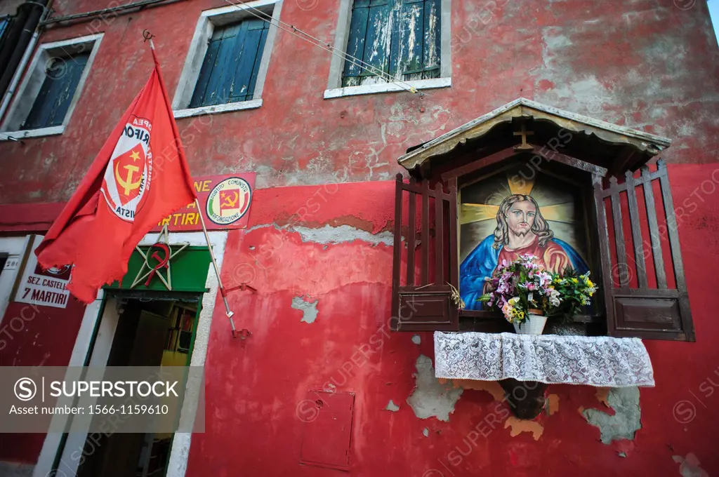 Italian Communist Party Office with Shrine to Sacred Heart of Jesus on Wall, Venice, Italy