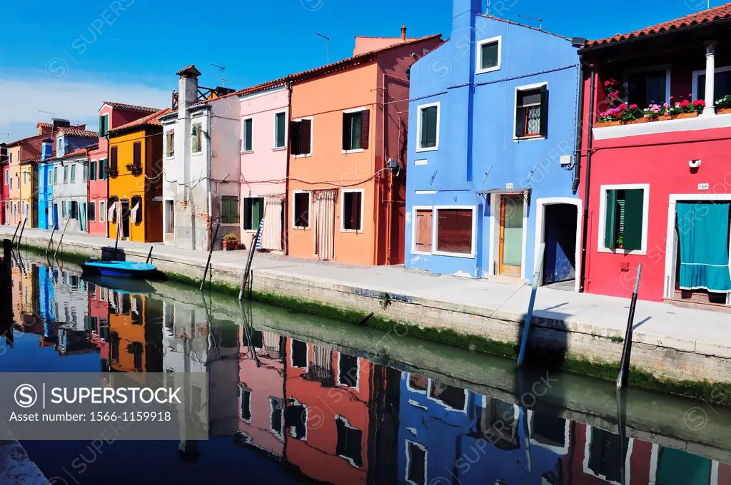 Colourfully painted houses on Burano island in the Venetian Lagoon, northern Italy
