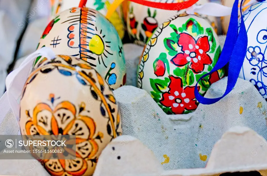 Hand painted Easter eggs in public market  Hand painted, decorated Easter eggs flood the Prague farmers markets before Easter  Eggs are decorated afte...